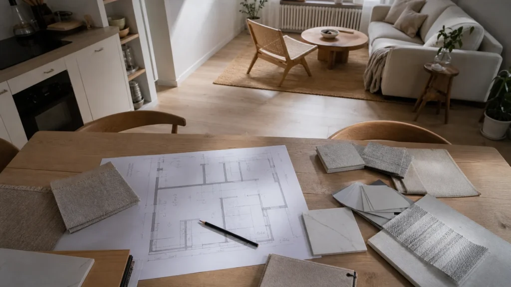 Tavolo di lavoro con planimetria e campioni materiali per decidere tra fai-da-te e progetto