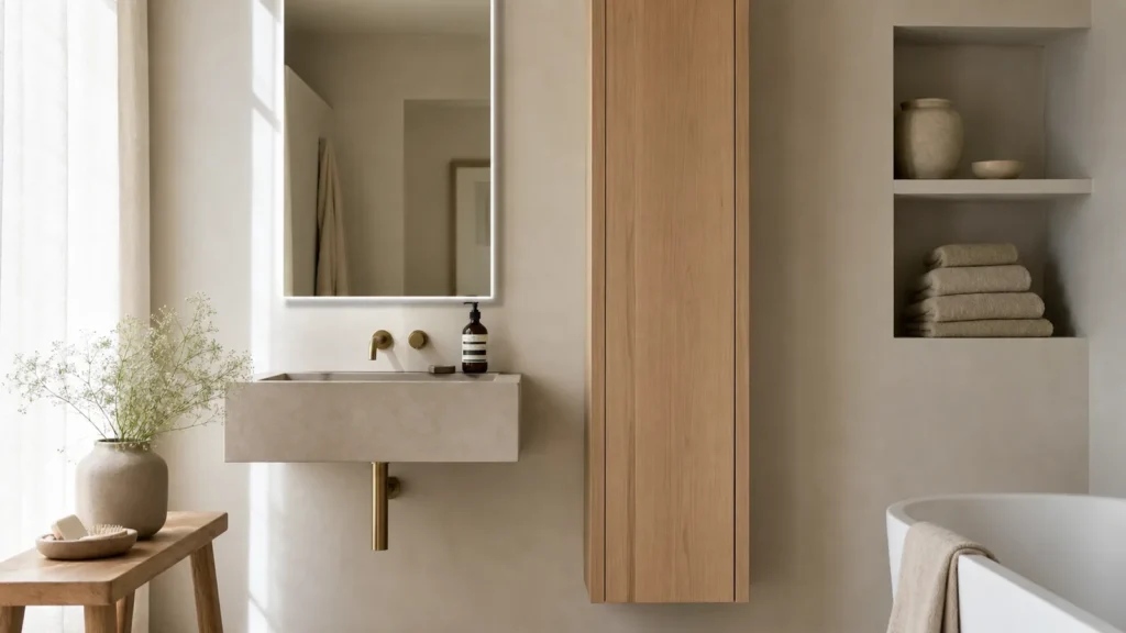 Bagno piccolo con colonna contenitiva verticale e nicchia a muro