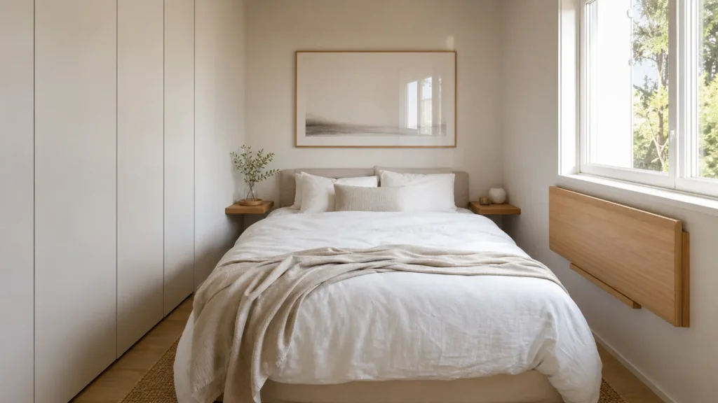 Camera da letto piccola con mensole sospese e scrivania pieghevole