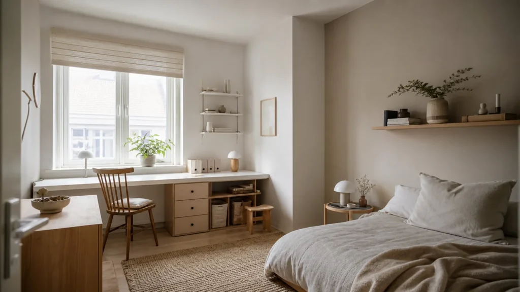 Cameretta piccola con zona letto e zona studio distinte