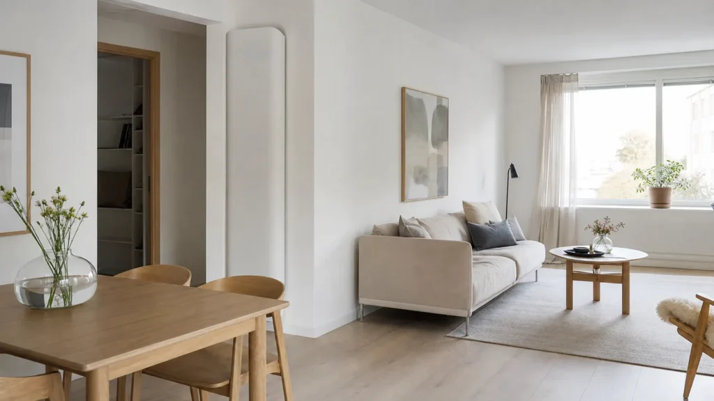 Soggiorno con palette chiara e continua per ampliare la percezione dello spazio
