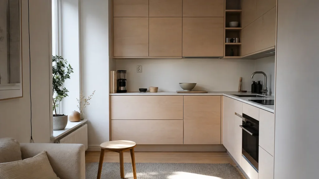 Cucina piccola con layout ad angolo e pensili su misura