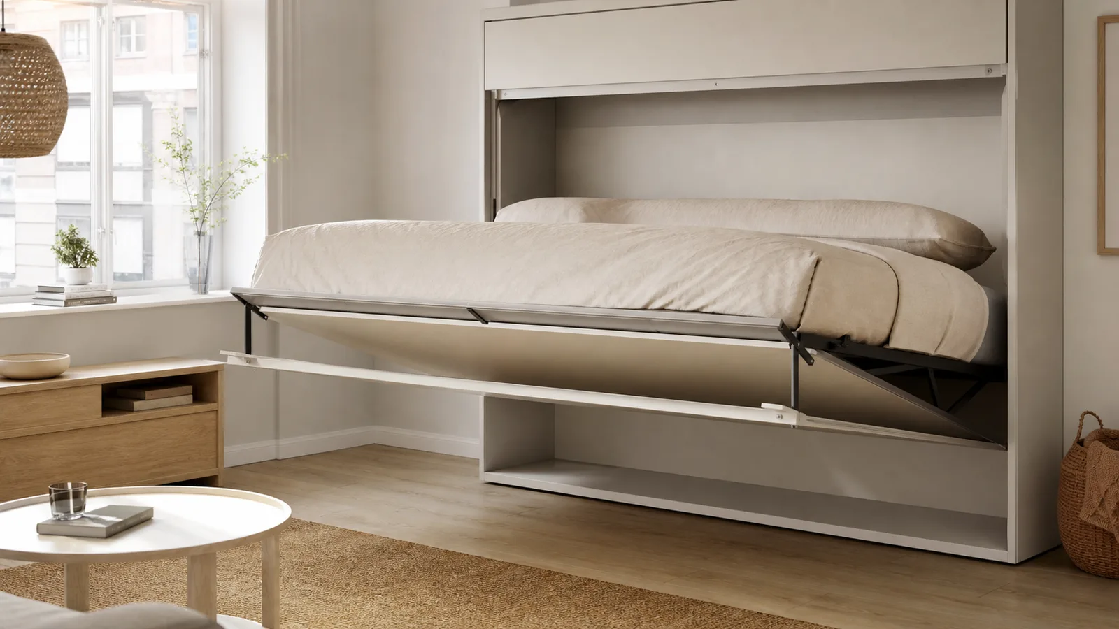 Letto a scomparsa parzialmente aperto in una camera compatta