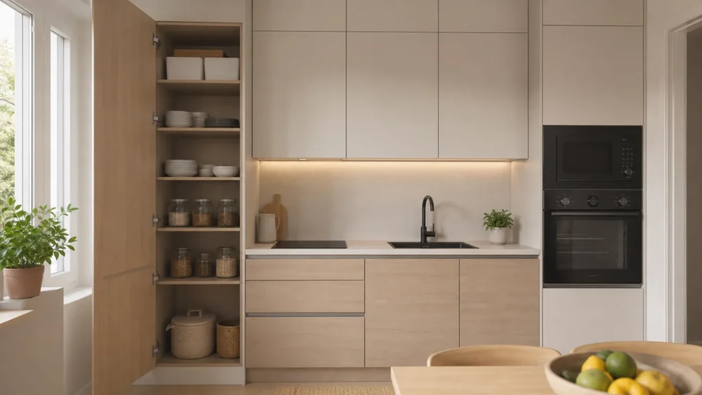 Cucina piccola con colonna dispensa aperta e pensili fino al soffitto