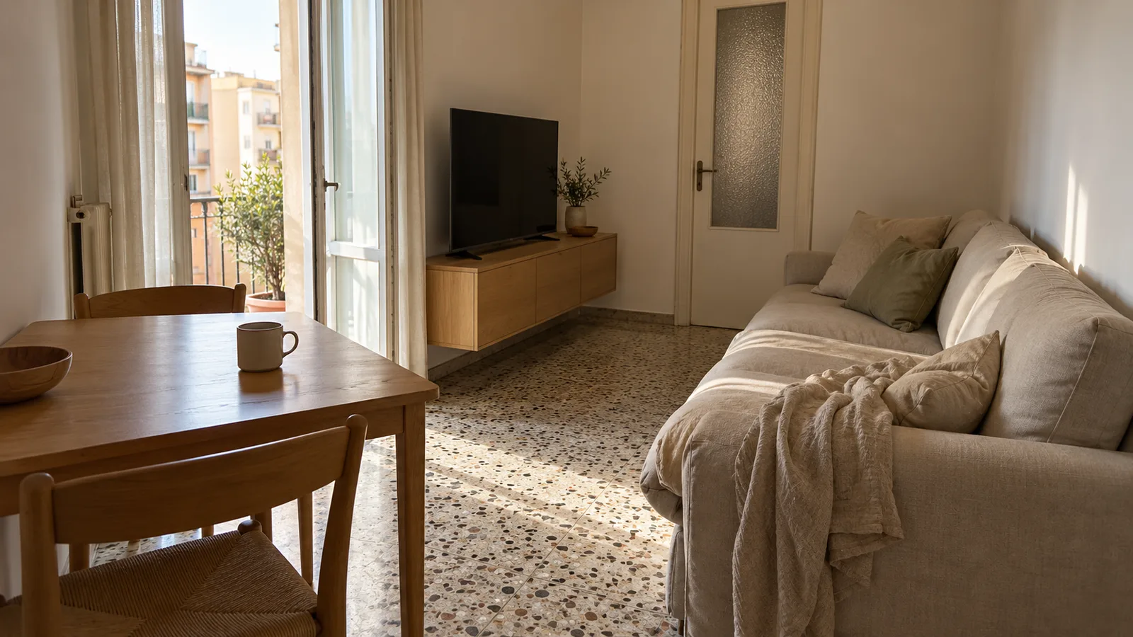 Soggiorno piccolo con divano a parete, mobile TV sospeso e tavolo vicino alla portafinestra
