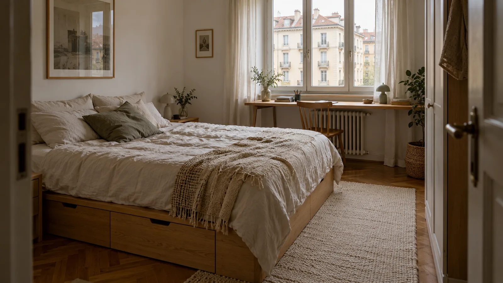 Camera piccola di 12 metri quadrati a Torino con letto su pedana in rovere e scrivania sotto la finestra