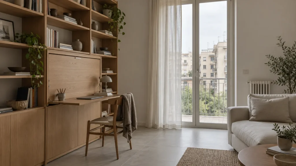 Bilocale a Bari con parete attrezzata in rovere, divano in lino e portafinestra sul balcone