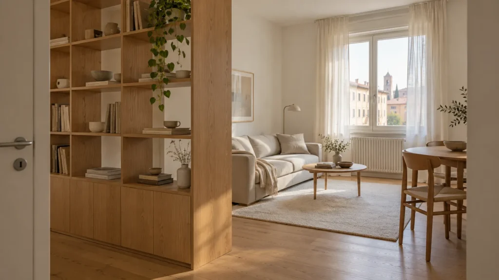 Bilocale a Padova arredato su misura, con libreria in rovere che separa l'ingresso dal soggiorno